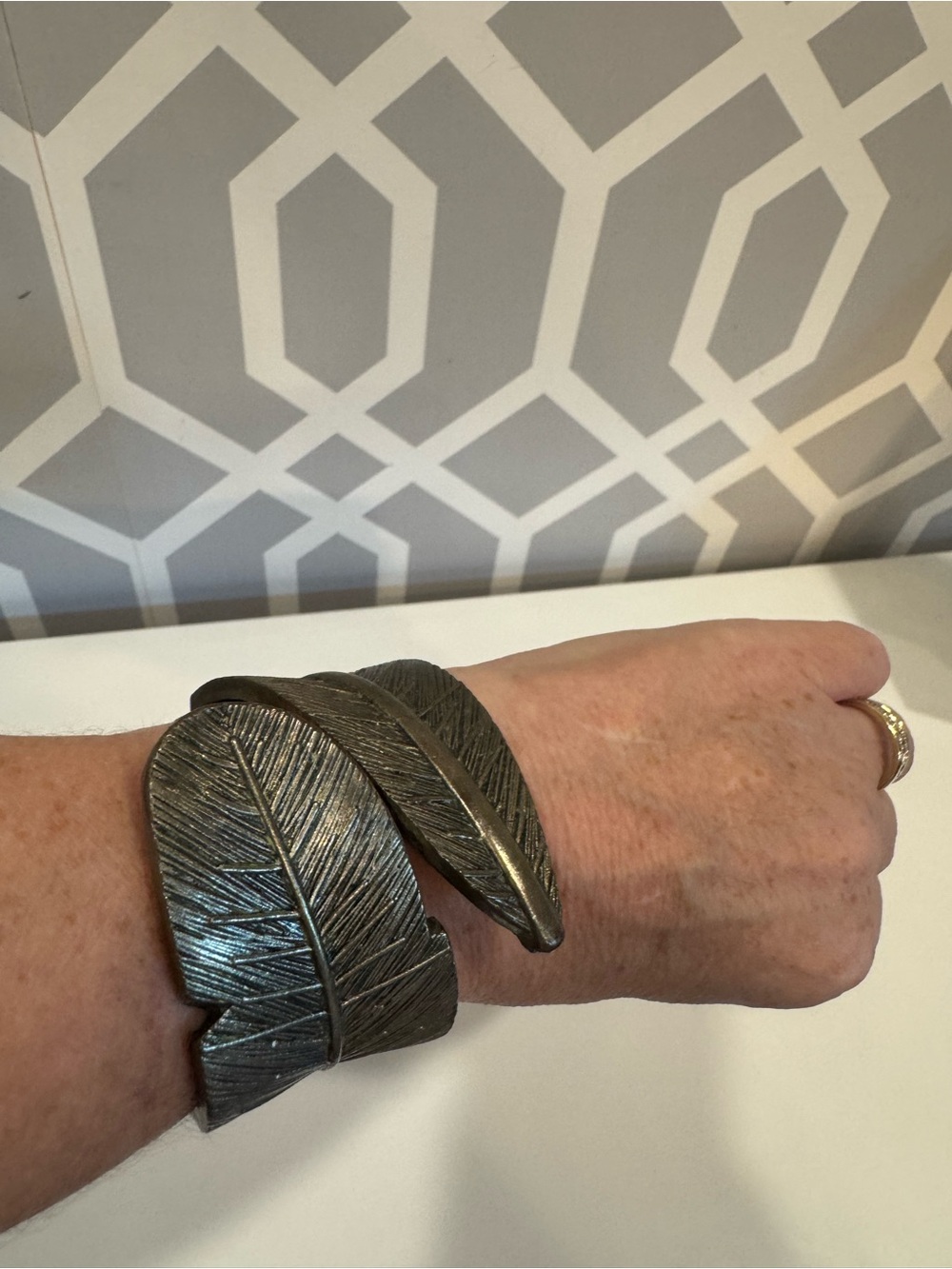 Metal Feather Cuff Bracelet - Black/Antique Silver